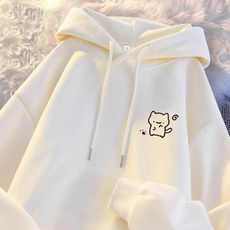 初高中生慵懒秋冬女生跳舞小猫胸前小印花连帽带兜运动百搭卫衣