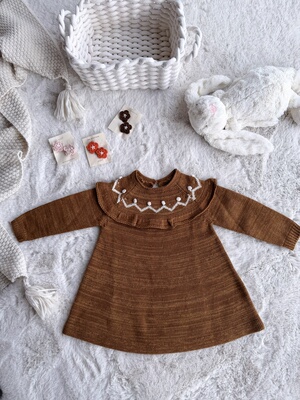 Millie Baby｜MP女童针织夹花连衣裙经典假日金棕色手钩毛线裙