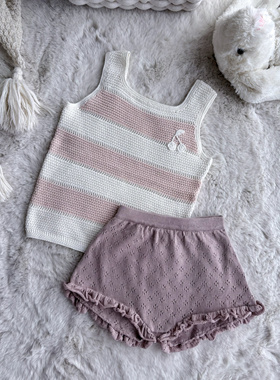 Millie Baby｜手工樱桃背心女童镂空针织吊带衫粉白条纹上衣套装