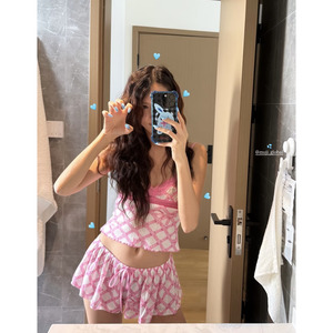 绝！「早安honey」原b iamgi@格纹蝴蝶结背心 短裤套装