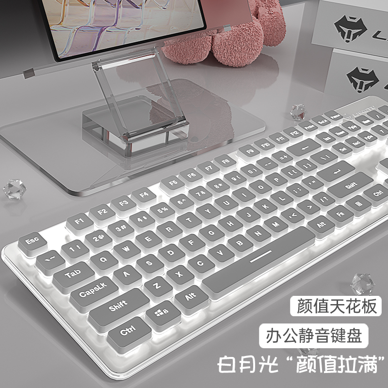 高颜值有线静音键盘女生男生办公打字机械手感发光白色电脑台式机