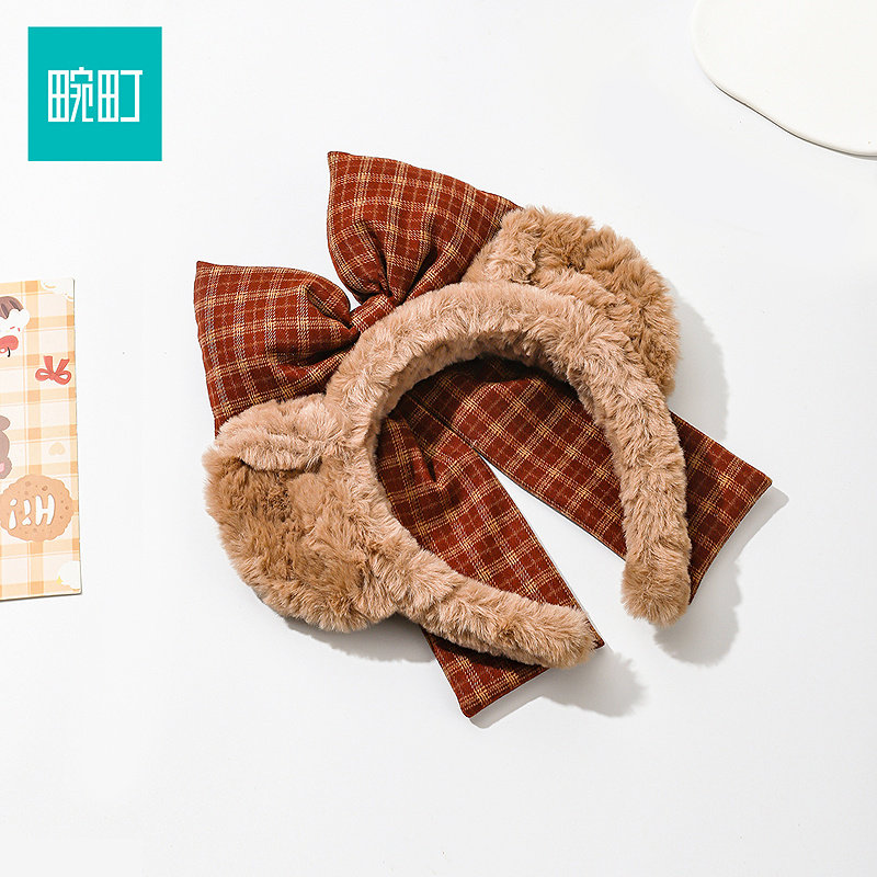 畹町毛绒格纹蝴蝶结头箍小熊耳朵发箍女游乐园拍照头饰可爱发饰图片