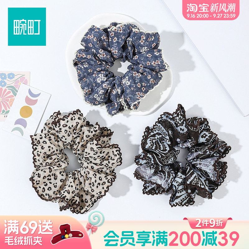 畹町复古花边大肠发圈碎花豹纹腰果花发绳氛围感褶皱扎发头绳皮筋图片