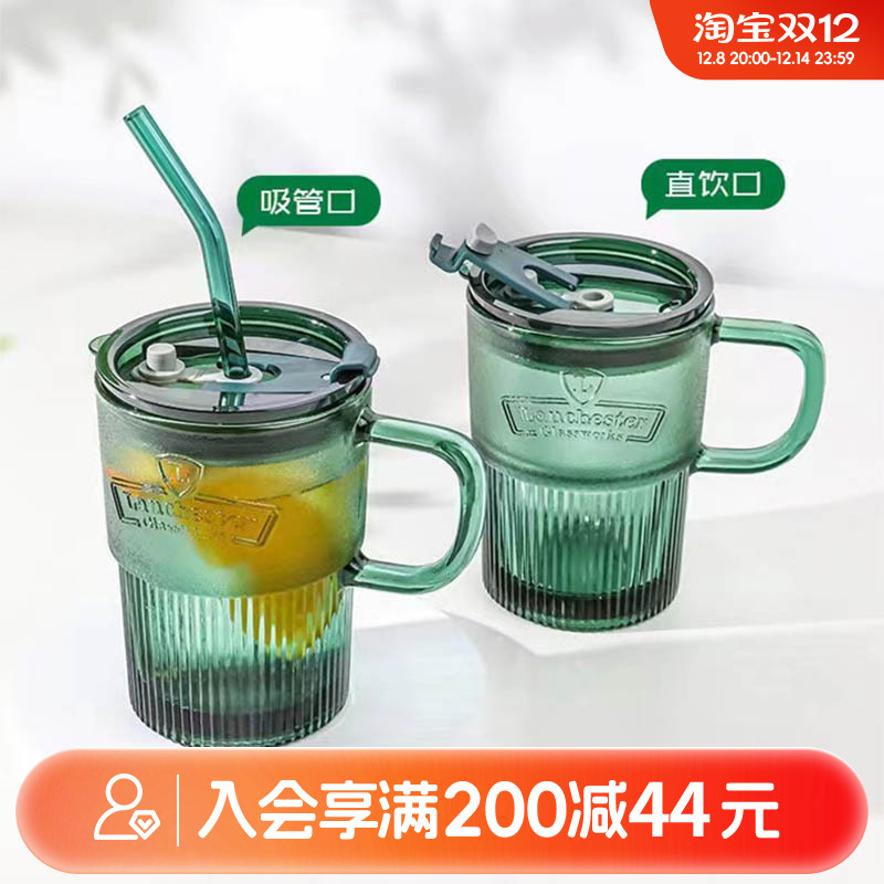 畹町一抹绿手柄带盖吸管玻璃杯440ml大容量原色玻璃ins风水杯
