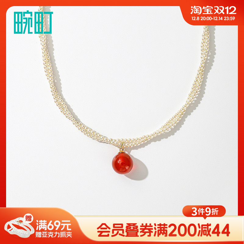 畹町优雅红珠项链复古法式高级感优雅百搭珍珠短链锁骨链
