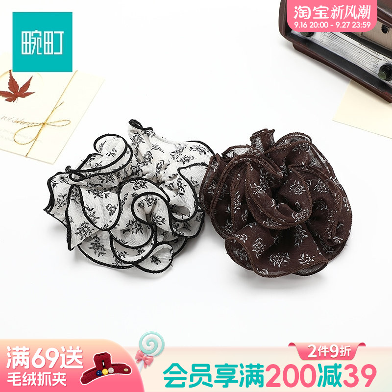 畹町复古碎花荷叶边大肠发圈温柔雪纺布艺头绳丸子头扎发皮筋发饰图片