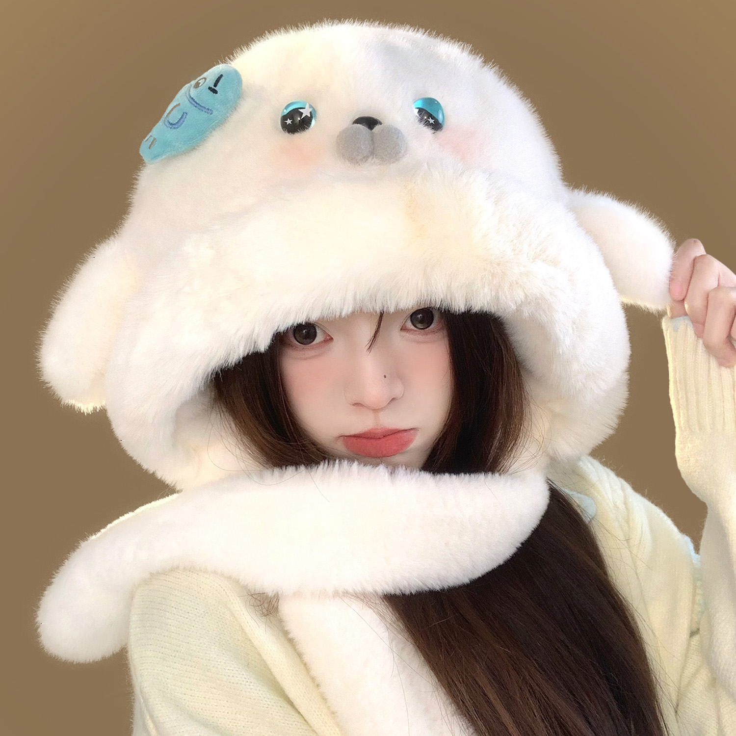 甜美海豹耳朵会动毛绒帽