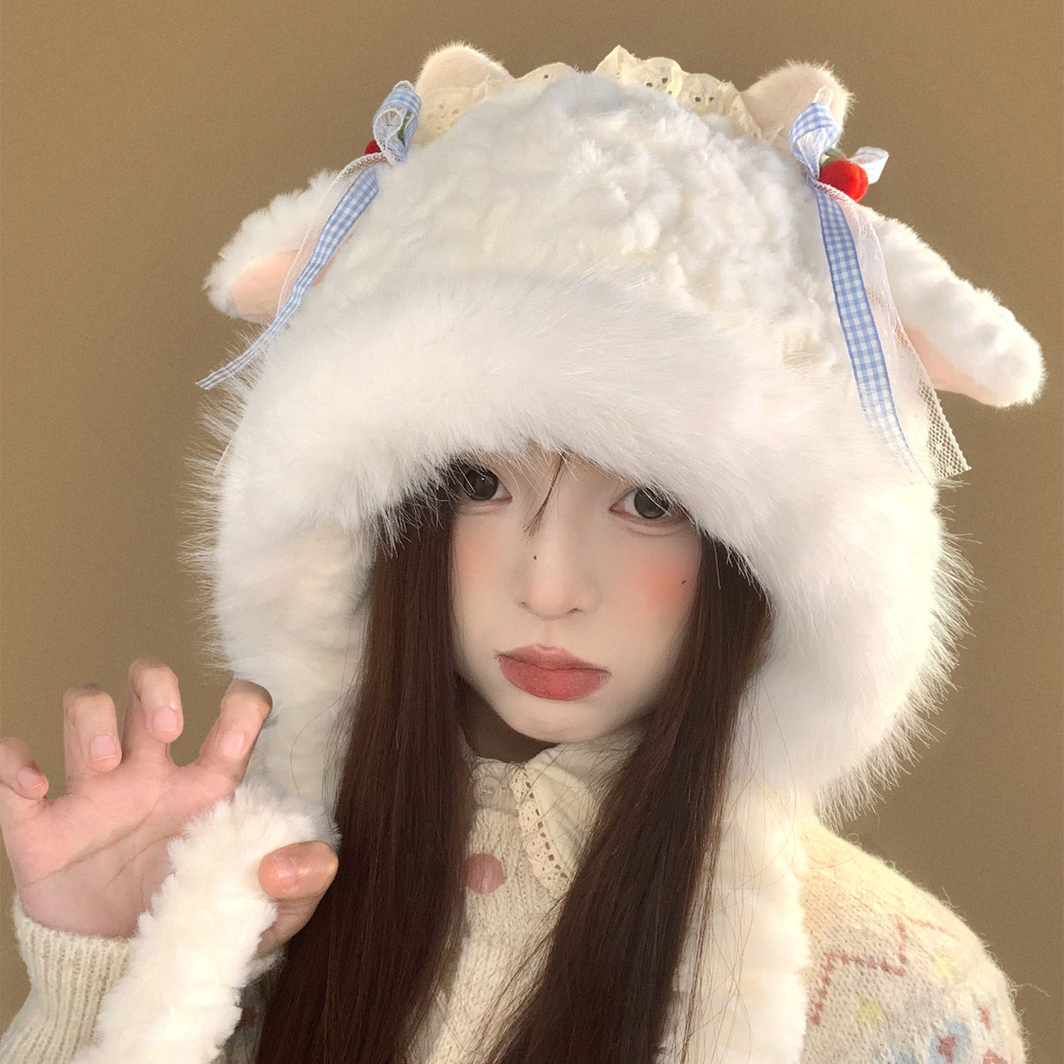 可爱蝴蝶结小羊毛绒帽女