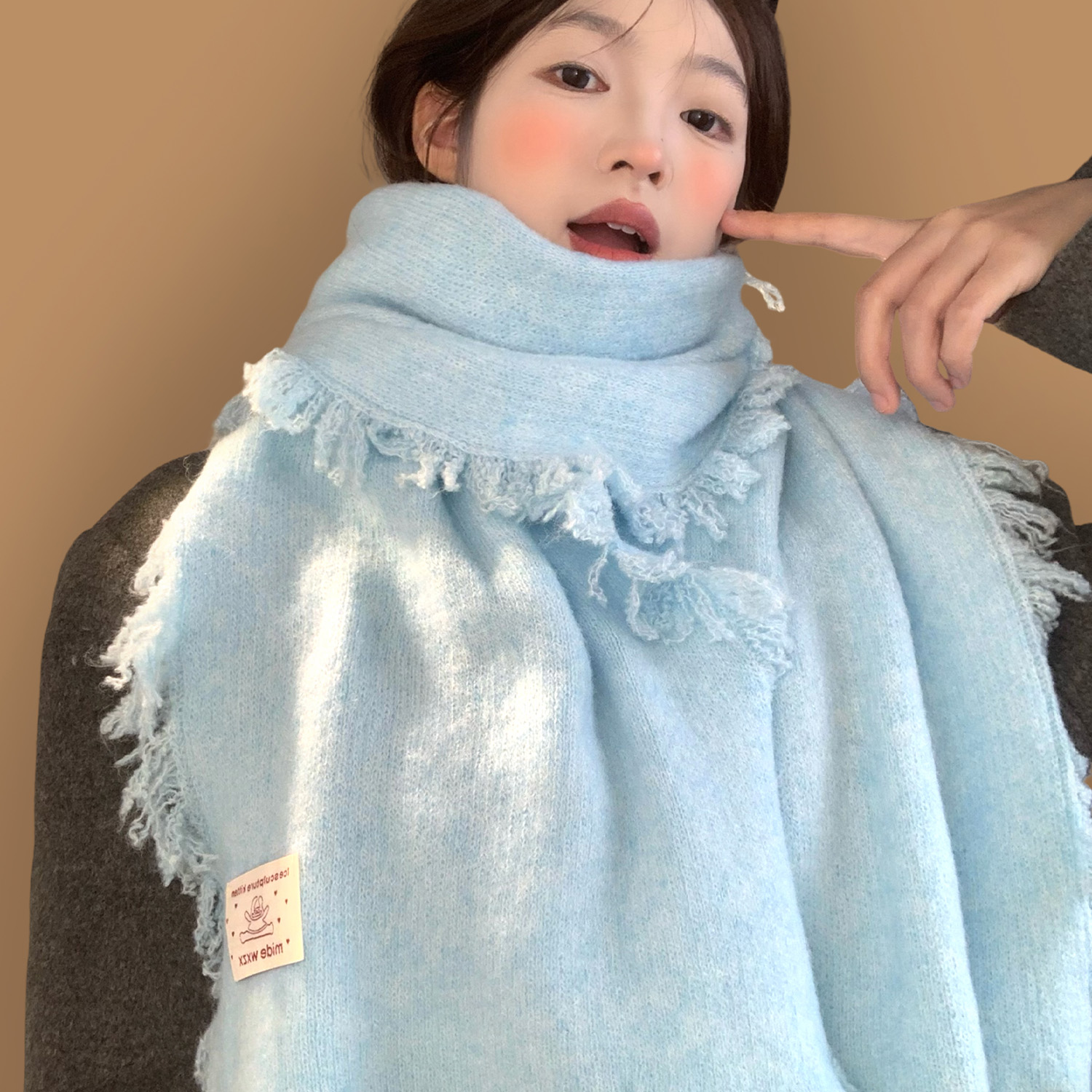 蓝色流苏针织围巾女冬