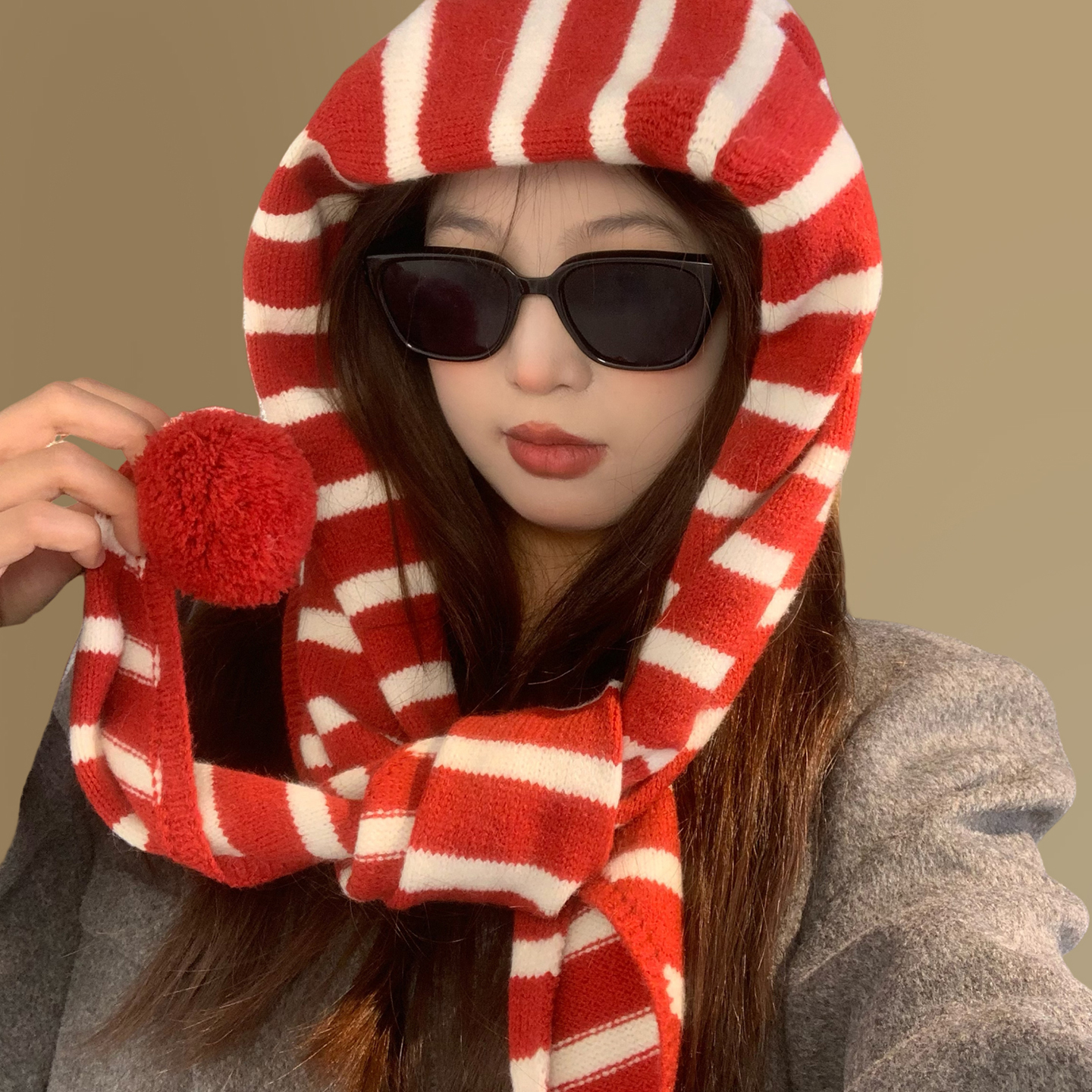 韩版可爱球球红色条纹三角围巾女秋冬季保暖百搭外搭披肩围脖学生