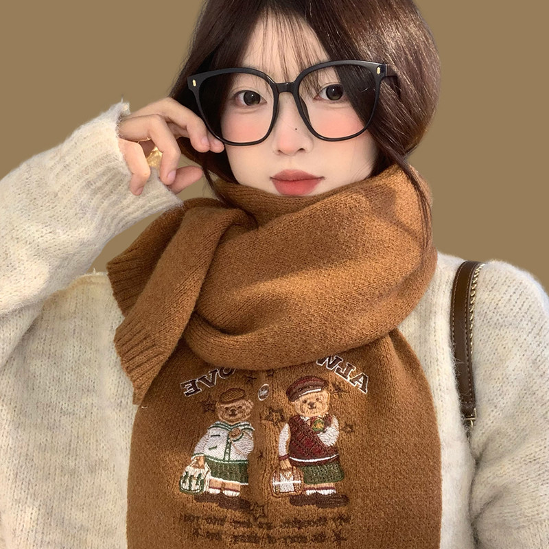 韩版刺绣小熊针织围巾女冬季新款可爱学院风保暖百搭日系毛线围脖,服饰配件/皮带/帽子/围巾,围巾/丝巾/披肩,淘宝优惠券,粉丝福利购,淘宝优惠卷