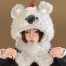 可爱考拉毛绒帽子围巾一体女冬季 保暖加绒加厚防寒护耳雷锋帽围脖