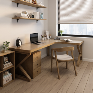 实木转角书桌书柜一体拐角7字型桌学生家用卧室儿童学习桌电脑桌