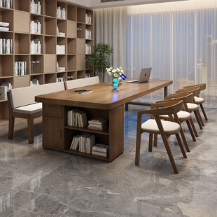 客厅实木大长书桌书架一体长条写字桌家用侧边收纳学习桌工作台