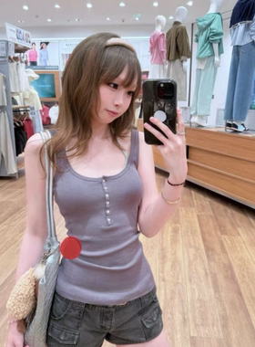 Egg蛋总 BM风美式辣妹修身灰紫色显瘦百搭外穿半开亨利领吊带