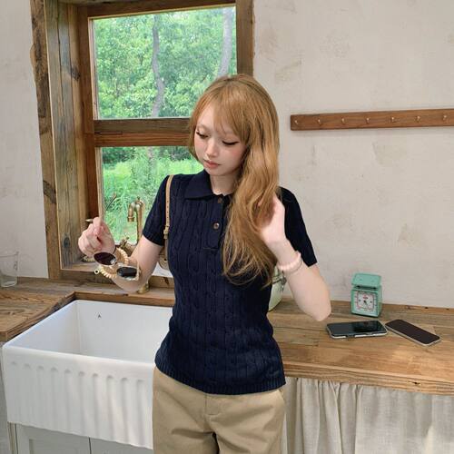 egg ·【100棉】POLO领麻花针织衫翻领短袖百搭上衣