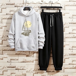 秋冬季连帽卫衣套装男港风酷帅穿搭一套衣服青少年休闲运动两件套