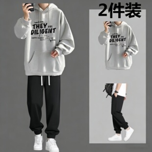 新款春秋季连帽运动卫衣套装男装青少年初高中学生潮流帅气两件套
