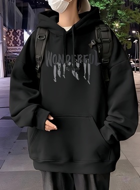 黑色卫衣男秋冬2025新款加绒美式高街重磅青少年大码连帽潮流外套