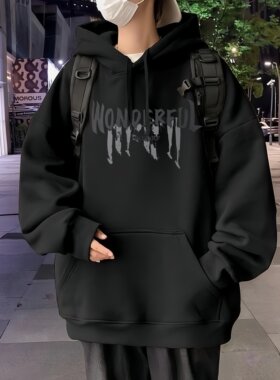 黑色卫衣男秋冬2025新款加绒美式高街重磅青少年大码连帽潮流外套