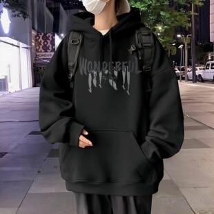 黑色卫衣男秋冬2025新款加绒美式高街重磅青少年大码连帽潮流外套