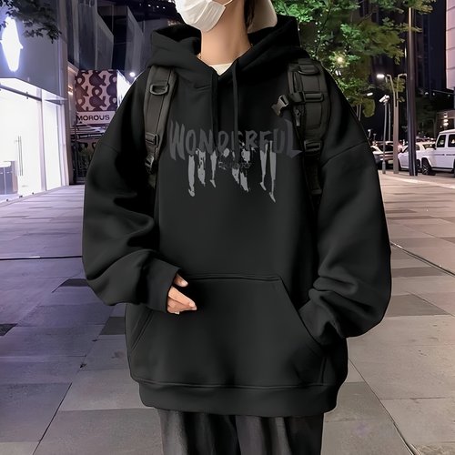 黑色卫衣男秋冬2025新款加绒美式高街重磅青少年大码连帽潮流外套