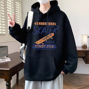 薄外套 潮流潮牌宽松上衣加绒学生帽衫 春秋冬季 套头连帽卫衣男女款