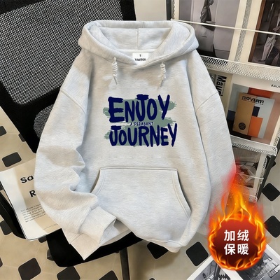 美式复古字母重磅街头痞帅连帽卫衣男新款加绒加厚宽松ins上衣潮