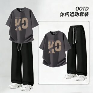 青少年酷帅气学生穿搭配运动潮流一套装 夏季 初高中学生t恤男短袖