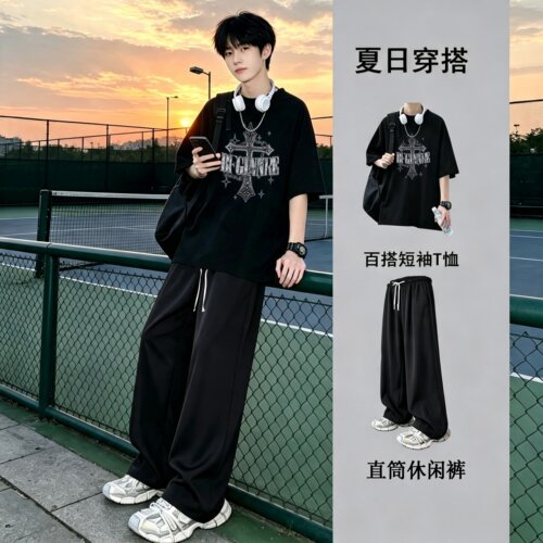 夏季运动服套装男2026新款青少年初中学生穿搭一套搭配潮流酷帅气