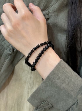 天然黑曜石圆珠搭配玛瑙竹节双圈手串男女生百搭水晶转运手链6mm