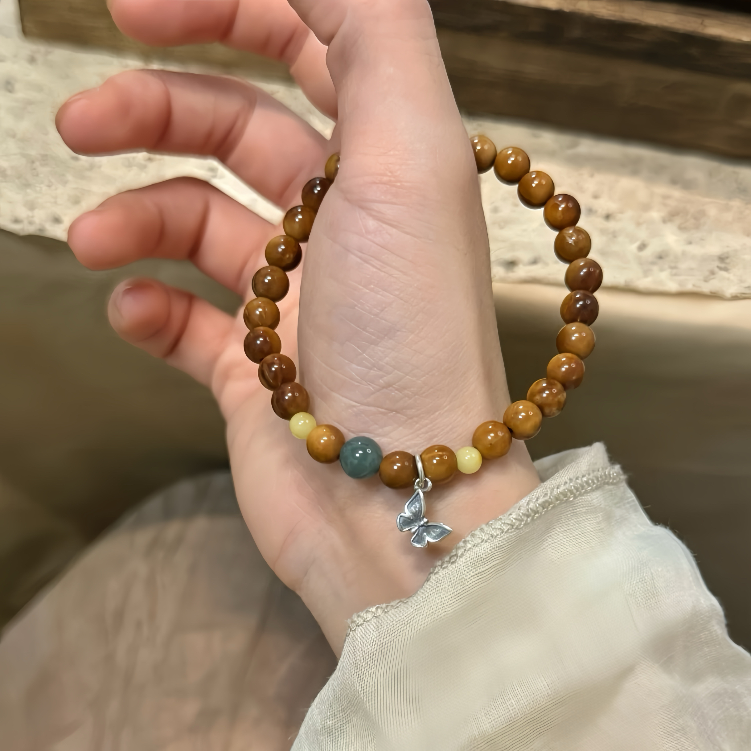 天然库克搭配蜜蜡蓝水翡翠蝴蝶吊坠单圈款女生菩提子文玩手串6mm