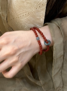 高档天然红玛瑙搭配蓝水翡翠跑环手串女本命年礼物转运珠双圈手链