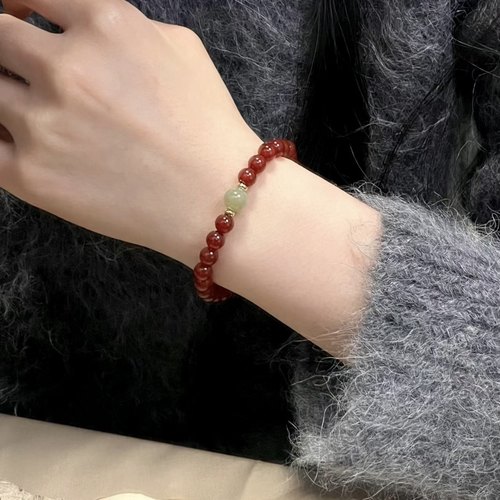 天然6m红玛瑙搭配和田玉手串女生饰品显白单圈手链冰透玛瑙手饰品