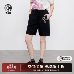 宽松弹力束腰休闲裤 新款 男女 2025夏季 TCH烫钻满印设计感五分短裤