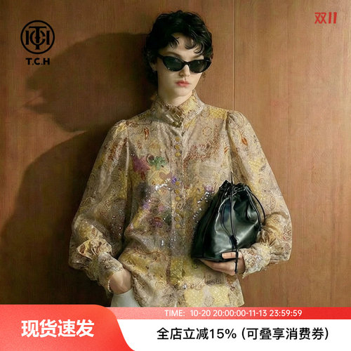 TCH拼布印花丝滑轻薄复古甜酷立领彩钻花朵衬衣T78A13E1053