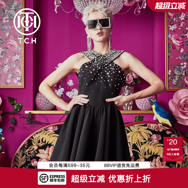 手工定制烫钻设计黑天鹅连衣裙