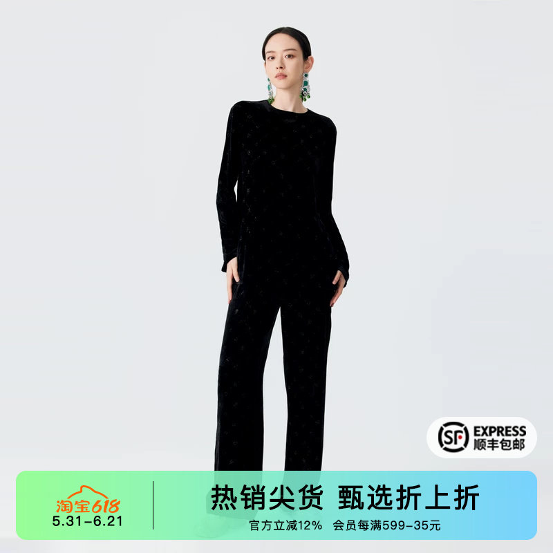TCH24春秋新款满钻黑色丝绒复古长袖T恤女时尚百搭显瘦打底衫潮