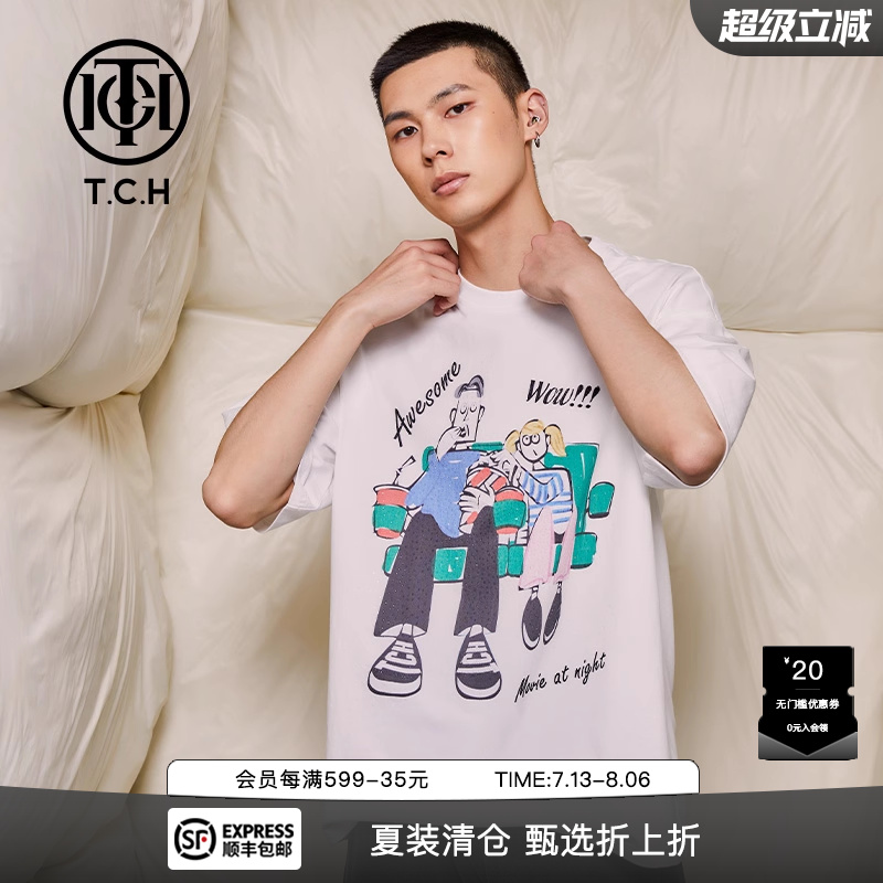 TCH潮牌烫钻趣味卡通情侣款T恤