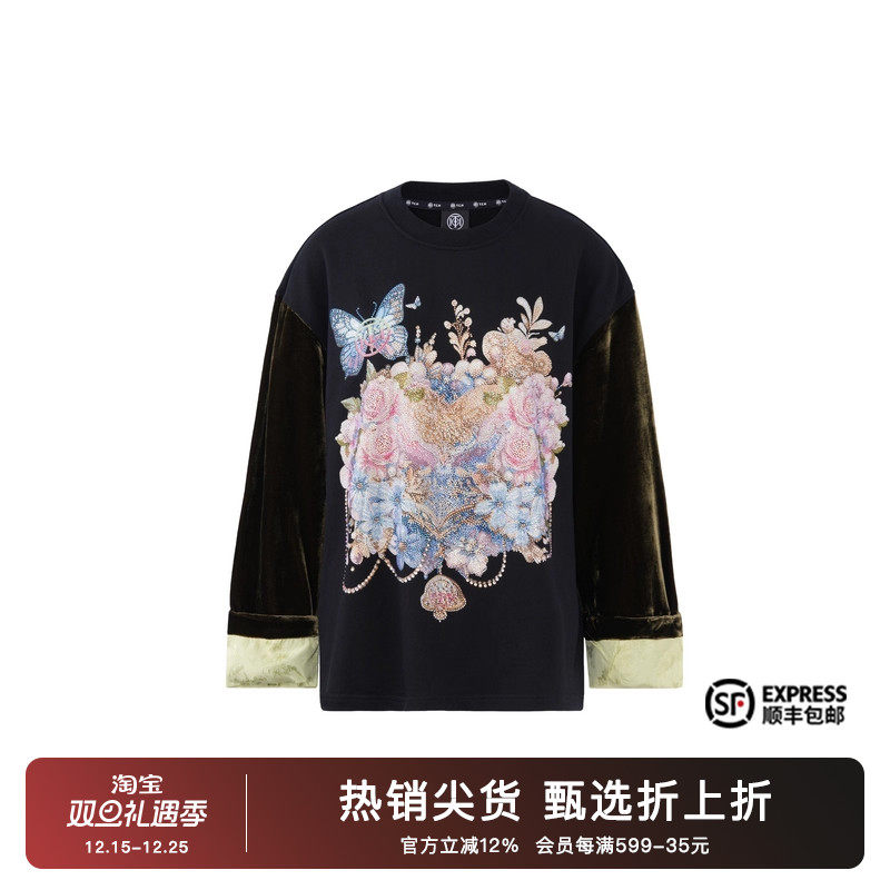 烫钻提花新中式复古丝绒卫衣