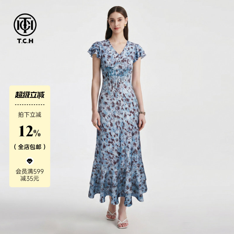 TCH夏季度假风时尚烫钻蓝色无袖连衣裙女装V领收腰短袖A字裙长裙