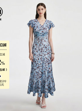 TCH夏季度假风时尚烫钻蓝色无袖连衣裙女装V领收腰短袖A字裙长裙