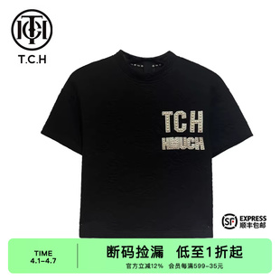 新款 T66C10E6035 2025秋季 TCH轻奢潮牌T恤重工烫钻半高领短款