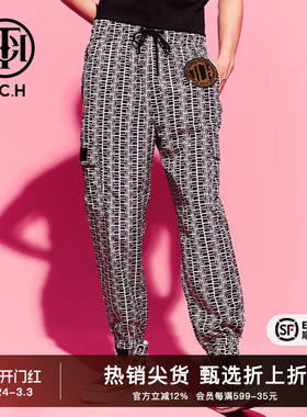 TCH烫钻黑白格子抽绳显瘦休闲裤2025秋季新款修身显瘦T69C206006