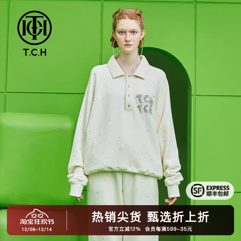 烫钻字母手缝钻翻领时尚卫衣