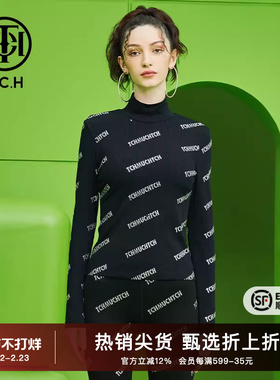TCH潮牌打底衫烫钻满印字母秋季新女款黑色长袖T恤T69A026002