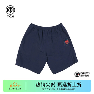 TCH潮牌轻奢烫钻宽松休闲裤女装藏青色松紧腰短裤夏季简约五分裤