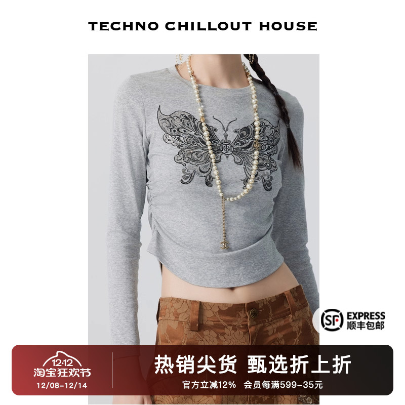烫钻蝴蝶时尚收腰显瘦长袖T恤