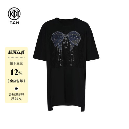 TCH烫钻时尚休闲气质蝴蝶结T恤女秋季新款舒适感T75C10B1037