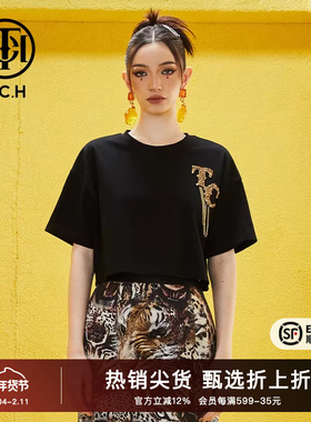 TCH烫钻链条字母设计露腰短袖T恤2025春秋新款时尚显瘦T69A106040